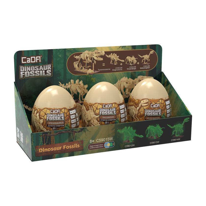 CaDA Tray of 3 Dinosaur Eggs with Stegosaurus Triceratops & Velociraptor