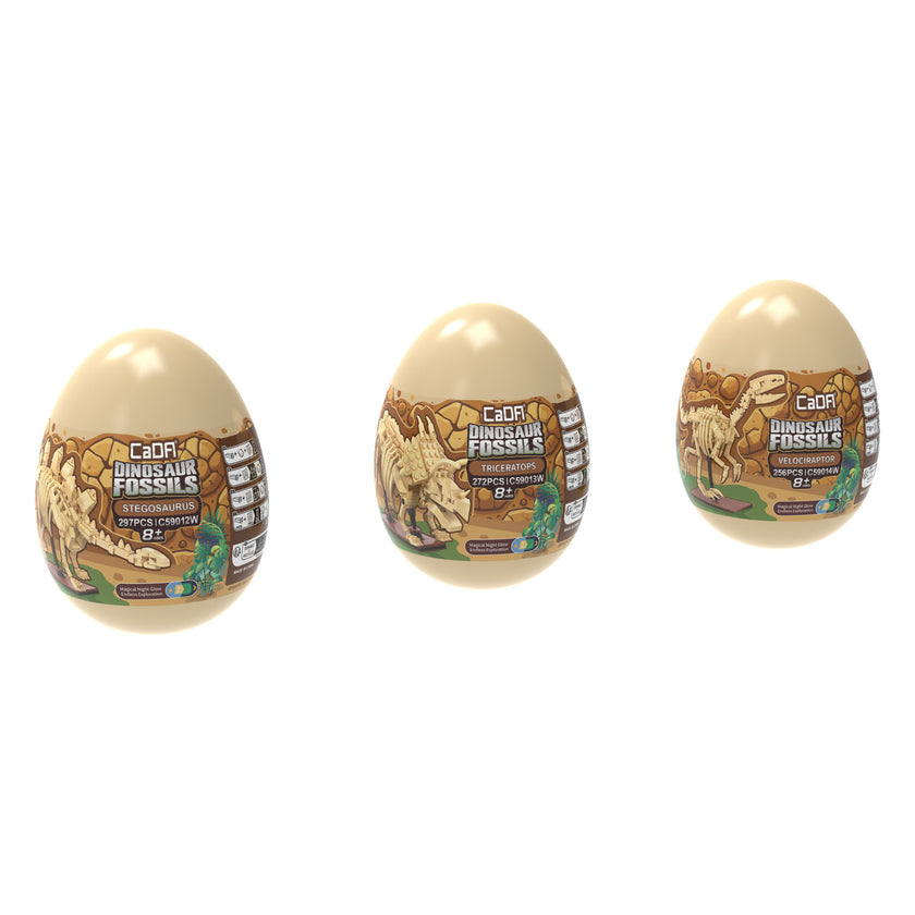 CaDA Tray of 3 Dinosaur Eggs with Stegosaurus Triceratops & Velociraptor