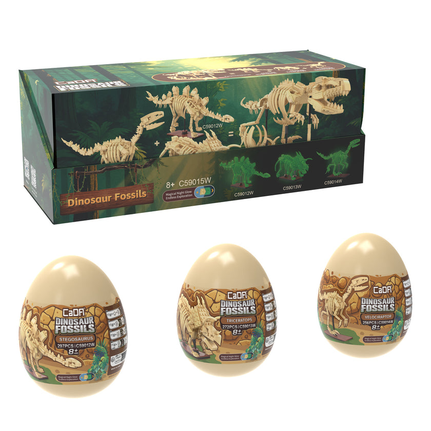 CaDA Tray of 3 Dinosaur Eggs with Stegosaurus Triceratops & Velociraptor