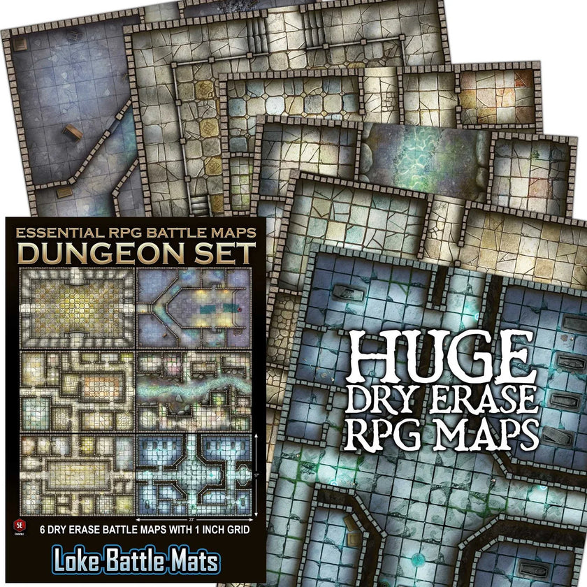 Essential RPG Battle Maps - Dungeon Set. 6 Wet/Dry Erase Battle Maps with 1 inch grid