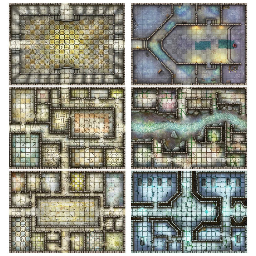 Essential RPG Battle Maps - Dungeon Set. 6 Wet/Dry Erase Battle Maps with 1 inch grid